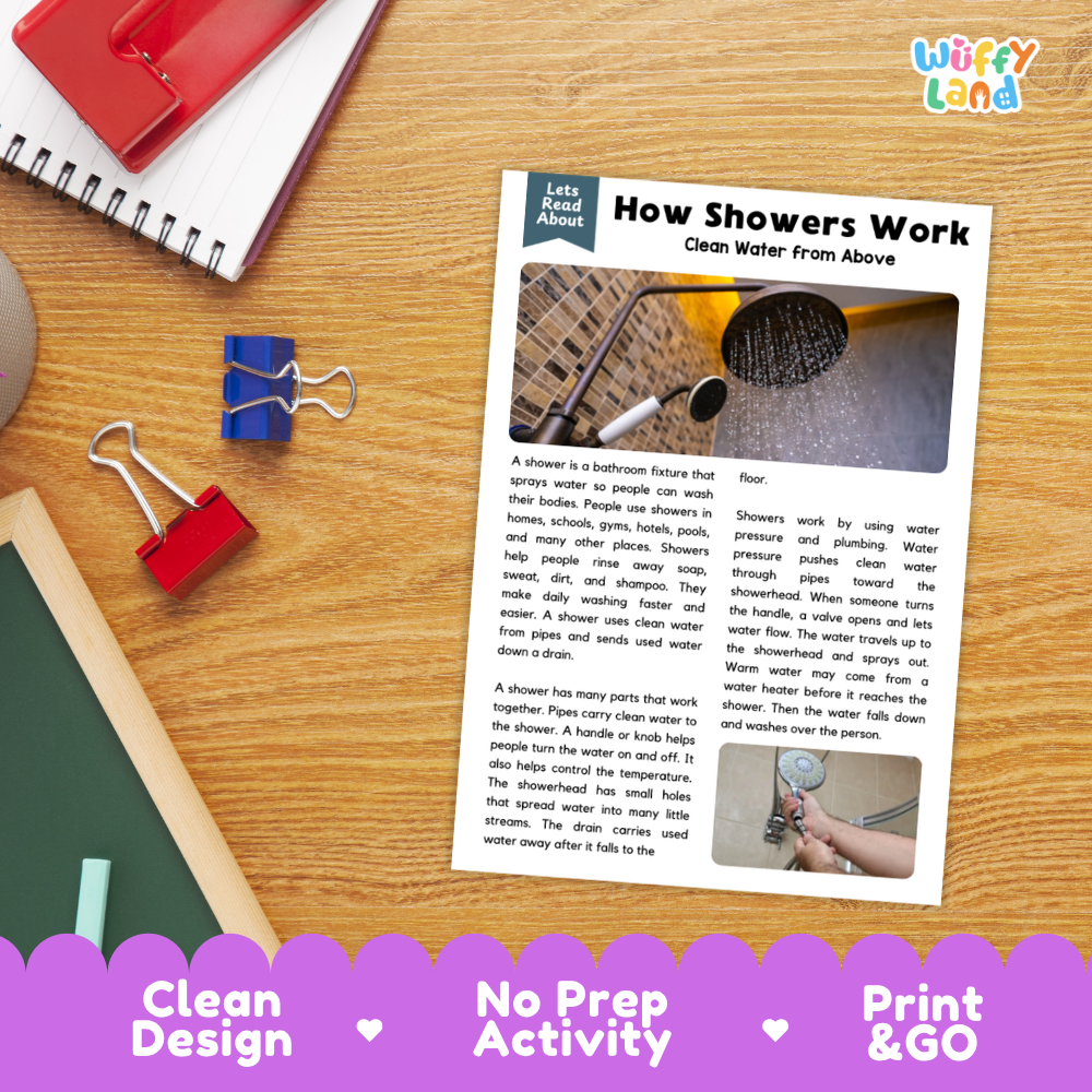 An educational activity sheet titled 'How Showers Work' laid on a wooden desk, surrounded by stationery props like a red notebook, blue and red binder clips, and a white mug. The sheet includes text, a diagram, and small photos.