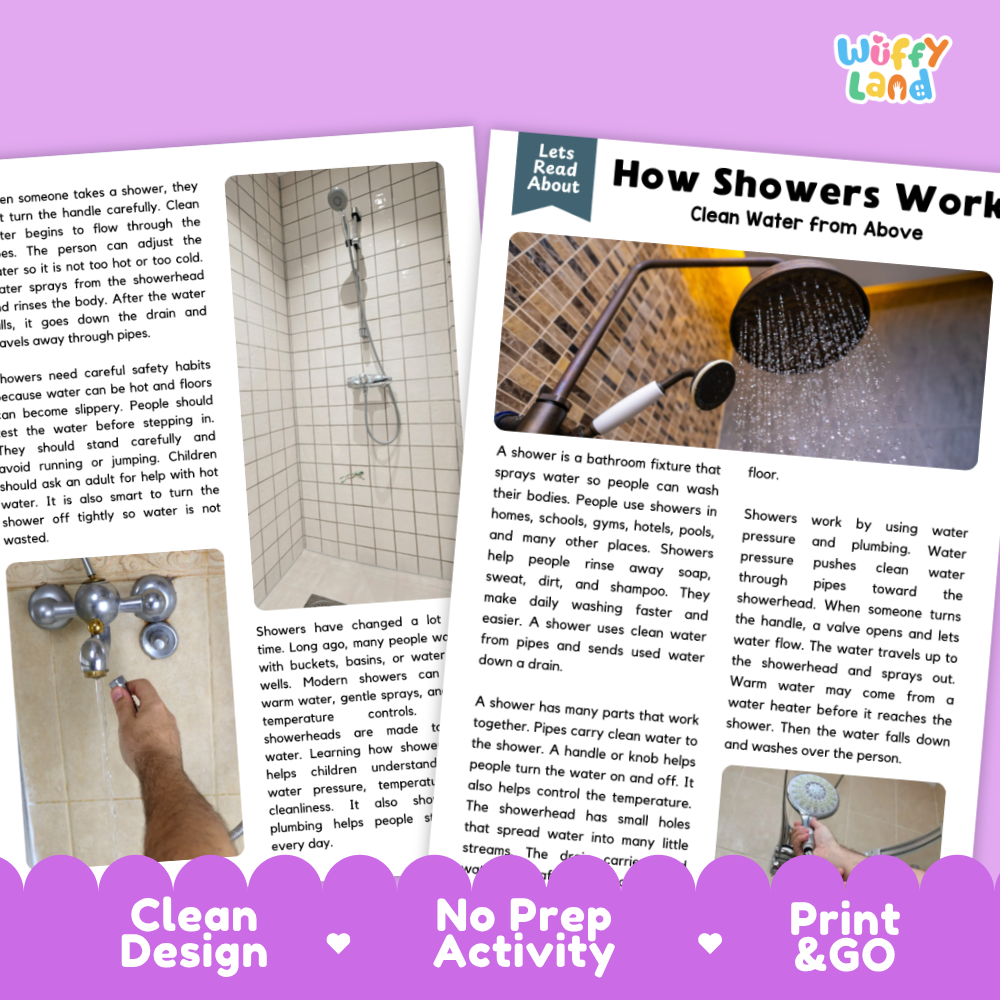 An educational activity sheet titled 'How Showers Work' from the brand 'Wiffly Land', featuring text, diagrams, and photos of shower heads on a white background with a purple banner at the bottom.