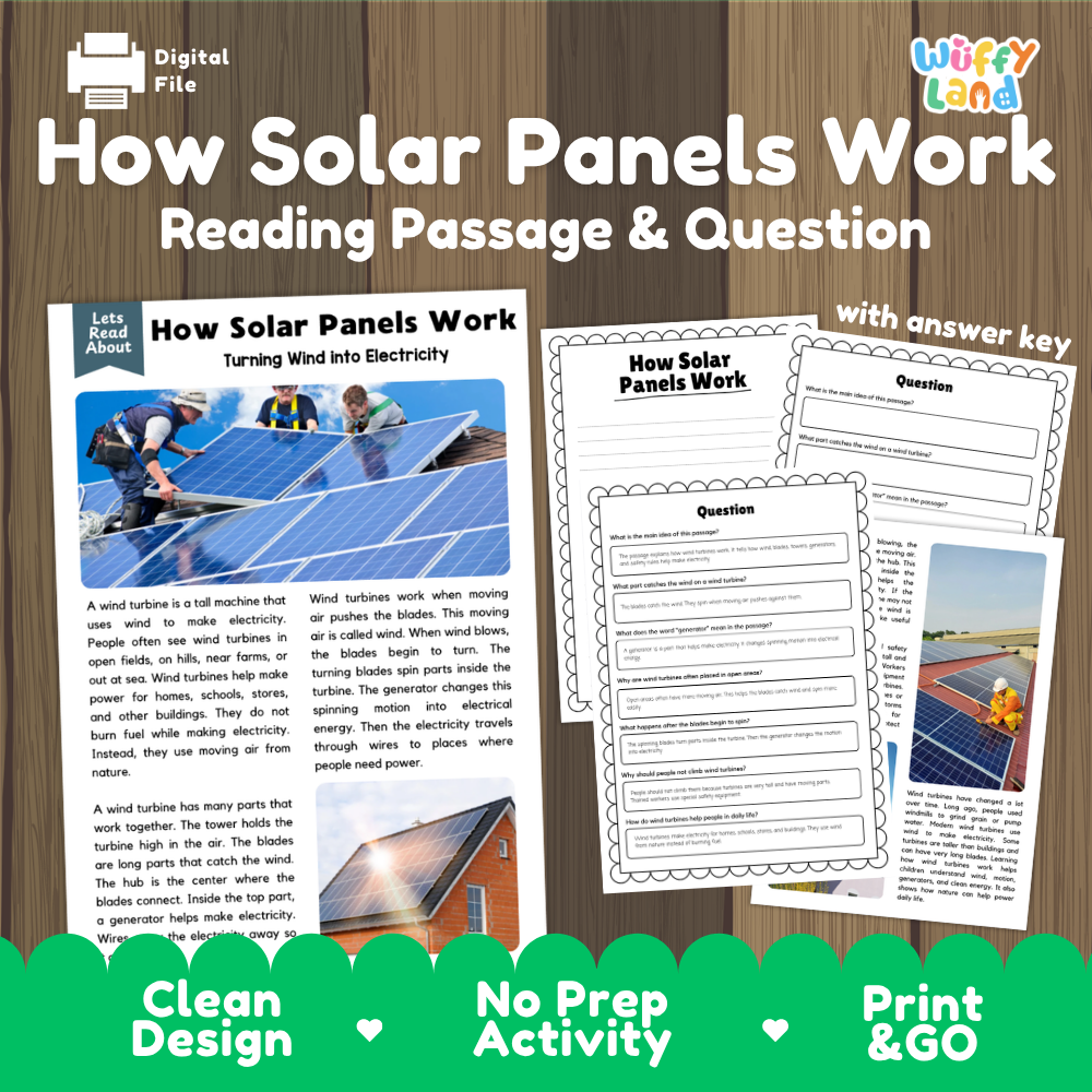 Digital educational worksheet cover for 'How Solar Panels Work' by Wiffly Land, featuring a reading passage, comprehension questions, and an answer key layout on a wood-textured background with green promotional banners at the bottom.