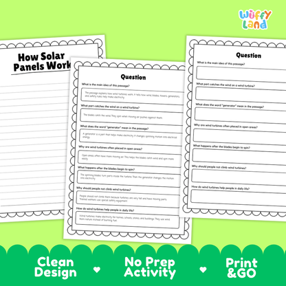 Three printable educational worksheet pages about wind turbines and solar panels on a bright green background, with the brand name Wiffly Land in the top right corner.