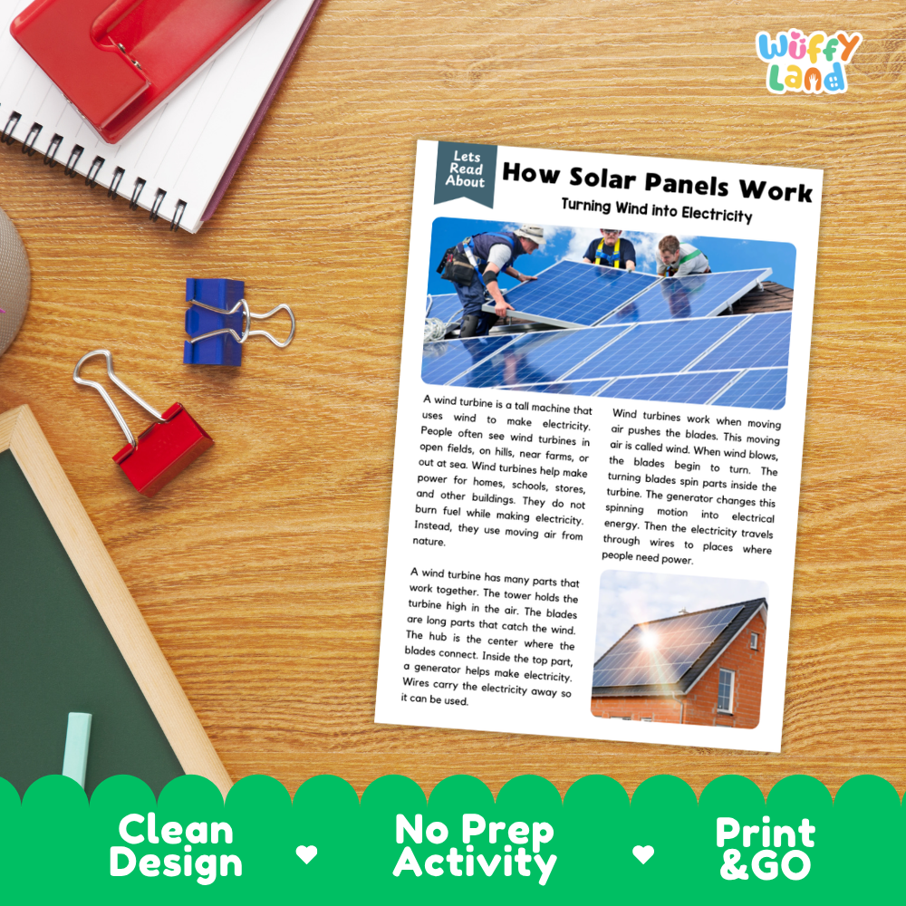 An educational printout titled 'How Solar Panels Work: Turning Wind into Electricity' lies on a wooden desk, surrounded by a red spiral notebook, blue and red binder clips, and a red folder. A green banner at the bottom reads 'Clean Design', 'No Prep Activity', and 'Print & GO'.