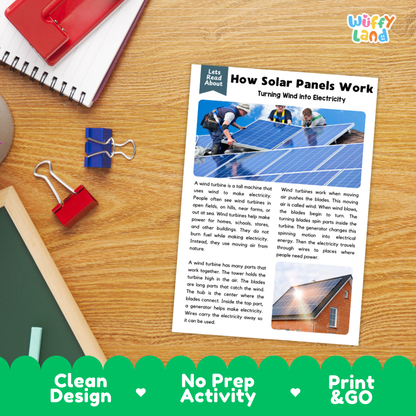 An educational printout titled 'How Solar Panels Work: Turning Wind into Electricity' lies on a wooden desk, surrounded by a red spiral notebook, blue and red binder clips, and a red folder. A green banner at the bottom reads 'Clean Design', 'No Prep Activity', and 'Print & GO'.