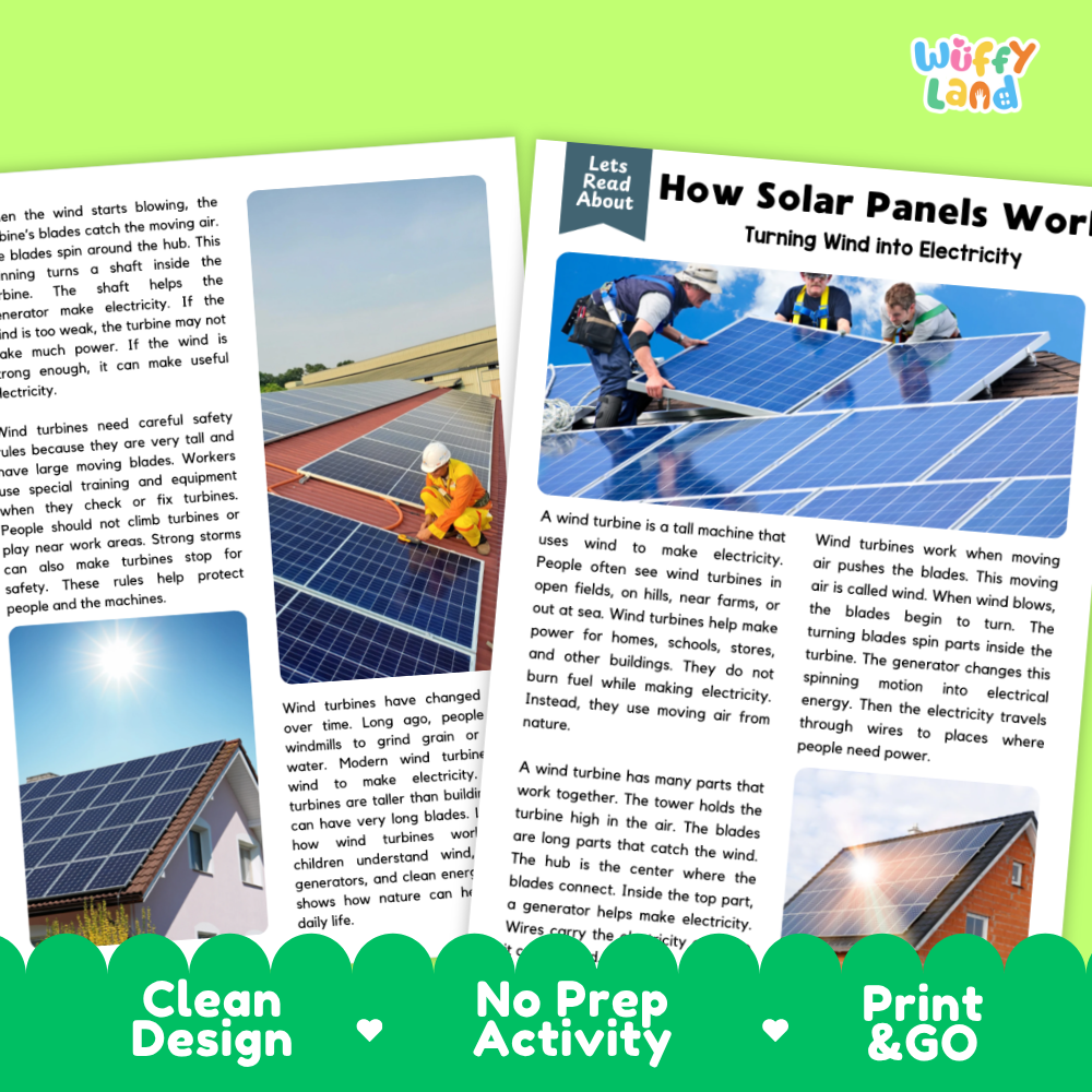 Two printed educational activity sheets about wind turbines and solar panels, shown overlapping on a light gray background. The left sheet has a blue header and shows a wind turbine photo with the text 'Let's Read About' and 'Clean Design No Prep Activity'.