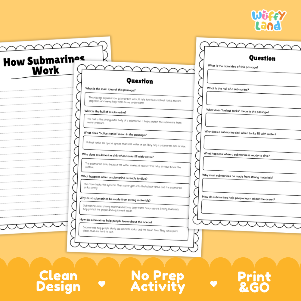 How Submarines Work Reading Passage and Comprehension Questions Worksheets