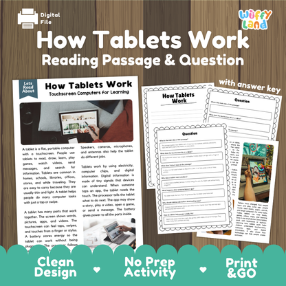 Digital educational activity sheet titled 'How Tablets Work Reading Passage & Question' with a wood-grain background, a tablet product inset, worksheet pages, and a colorful bottom banner reading 'Clean Design', 'No Prep Activity', and 'Print & GO'.