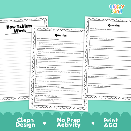 Three printable educational worksheet pages about how tablets work, shown on a teal background with the brand name Wiffly Land in the top right and marketing text along the bottom.