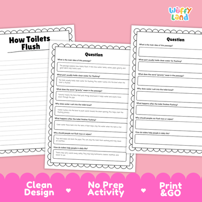 Three printable educational worksheet pages about flushing toilets, shown on a pink background with the text 'How Toilets Flush' and marketing callouts 'Clean Design', 'No Prep Activity', and 'Print & GO'. The top right corner shows the brand name 'Wiffly Land'.