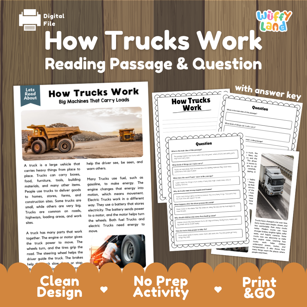 How Trucks Work Reading Passage and Questions Printable Worksheets with Answer Key