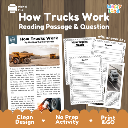How Trucks Work Reading Passage and Questions Printable Worksheets with Answer Key