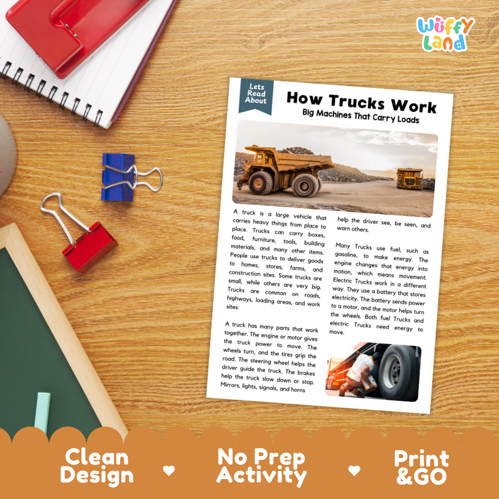How Trucks Work Reading Passage and Questions Printable Worksheets with Answer Key