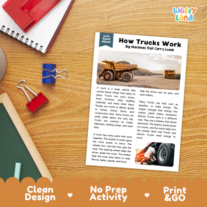 How Trucks Work Reading Passage and Questions Printable Worksheets with Answer Key