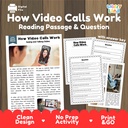 Digital reading activity sheet titled 'How Video Calls Work: Reading Passage & Question' with a sample passage, worksheet pages, and a red banner at the bottom. Brand logo 'Wiffle Land' appears in the top right.