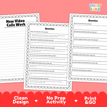 Three printable worksheet pages about video calls are shown on a pink background with promotional text reading 'Clean Design', 'No Prep Activity', and 'Print & GO'. The pages have a white base with black text and border lines, and the brand name 'Wiffly Land' appears in the top right.