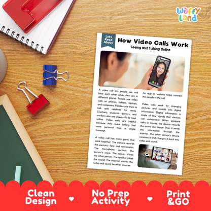 An educational printout titled 'How Video Calls Work: Seeing and Talking Online' lies on a wooden desk, surrounded by office props like a red notebook, blue and red binder clips, and a pen. A red banner at the bottom reads 'Clean Design', 'No Prep Activity', and 'Print & GO'.