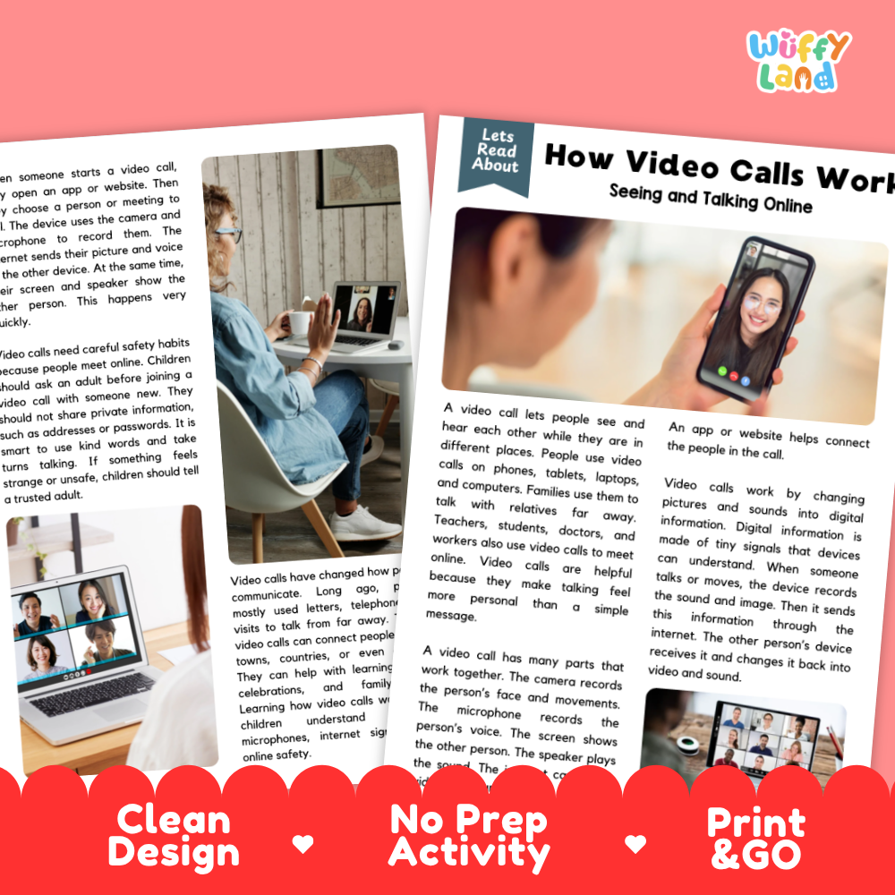 A printed activity sheet titled 'How Video Calls Work' with text, a small photo of children using a video call, and a 'Wiffly Land' logo in the top right. The sheet is shown on a pink background with red and white decorative banners at the bottom.
