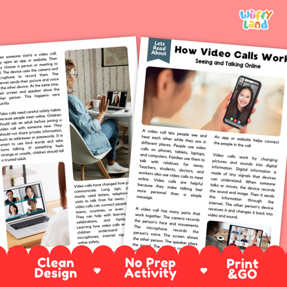 A printed activity sheet titled 'How Video Calls Work' with text, a small photo of children using a video call, and a 'Wiffly Land' logo in the top right. The sheet is shown on a pink background with red and white decorative banners at the bottom.