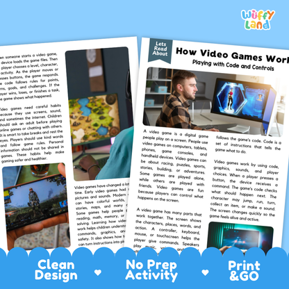 An educational poster and activity sheet set themed around video games, featuring a smartphone displaying a game, a classic arcade machine illustration, and text sections titled 'Clean Design', 'No Prep Activity', and 'Print & Go'.