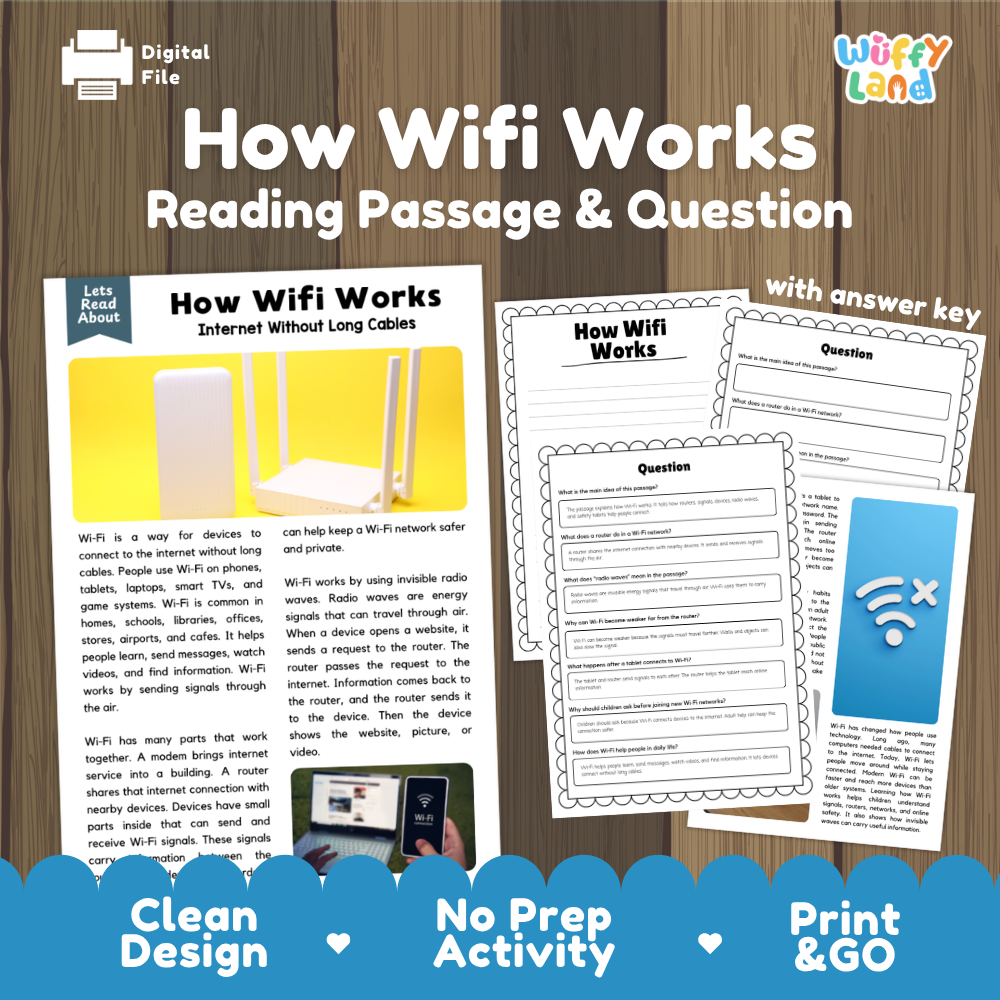 Digital educational activity sheet titled 'How Wifi Works Reading Passage & Question' on a wood-textured background, showing printed worksheet pages, an answer key preview, and promotional text including 'Clean Design', 'No Prep Activity', and 'Print & GO'.