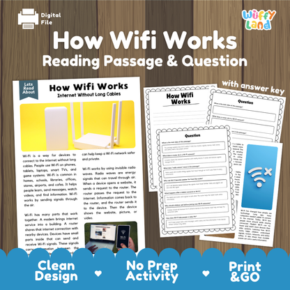 Digital educational activity sheet titled 'How Wifi Works Reading Passage & Question' on a wood-textured background, showing printed worksheet pages, an answer key preview, and promotional text including 'Clean Design', 'No Prep Activity', and 'Print & GO'.