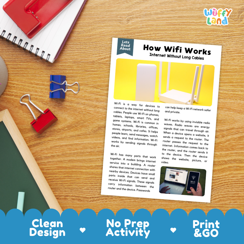 An educational activity sheet titled 'How Wifi Works' laid flat on a wooden desk, surrounded by stationery props like a spiral notebook, a red notebook, and blue binder clips. The sheet has a clean white background with a large yellow graphic and black text.