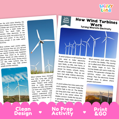 An educational printout about how wind turbines work, featuring a large blue wind turbine illustration, explanatory text, a small landscape photo, and a white header card reading 'Wiffly land'.