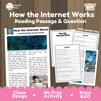 Digital educational activity sheet titled 'How the Internet Works: Reading Passage & Question' with preview pages, a 'Digital File' icon, and a pink banner reading 'Clean Design', 'No Prep Activity', and 'Print & GO'.