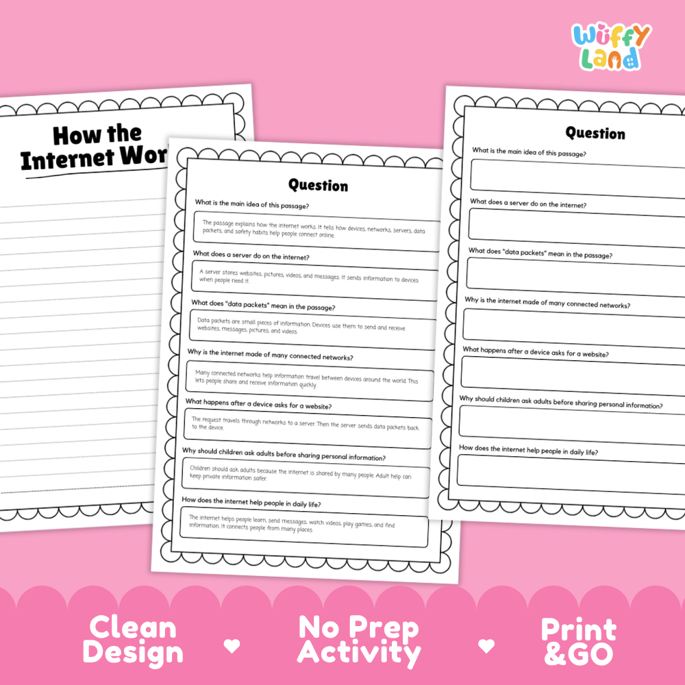 Three printable worksheet pages about the internet displayed on a pink background with promotional text reading 'Clean Design', 'No Prep Activity', and 'Print & GO'. The pages have black text and blank lines for writing answers, and the brand name 'Wiffly Land' appears in the top right.