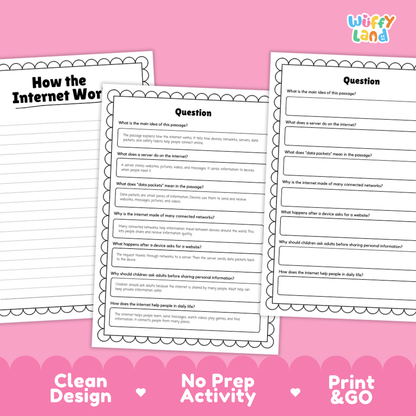 Three printable worksheet pages about the internet displayed on a pink background with promotional text reading 'Clean Design', 'No Prep Activity', and 'Print & GO'. The pages have black text and blank lines for writing answers, and the brand name 'Wiffly Land' appears in the top right.