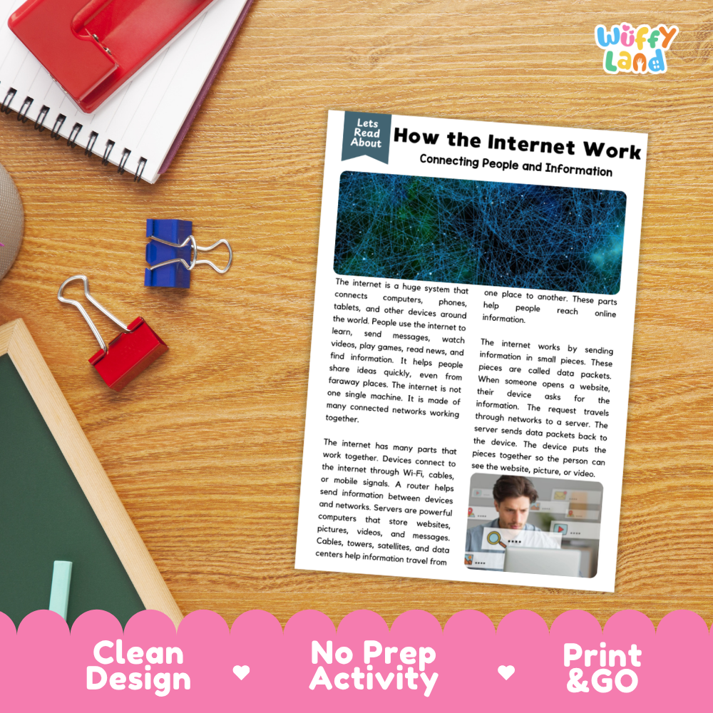 An educational activity sheet titled 'How the Internet Work' displayed on a wooden desk with a spiral notebook, red binder clips, and a pink banner at the bottom highlighting product features.