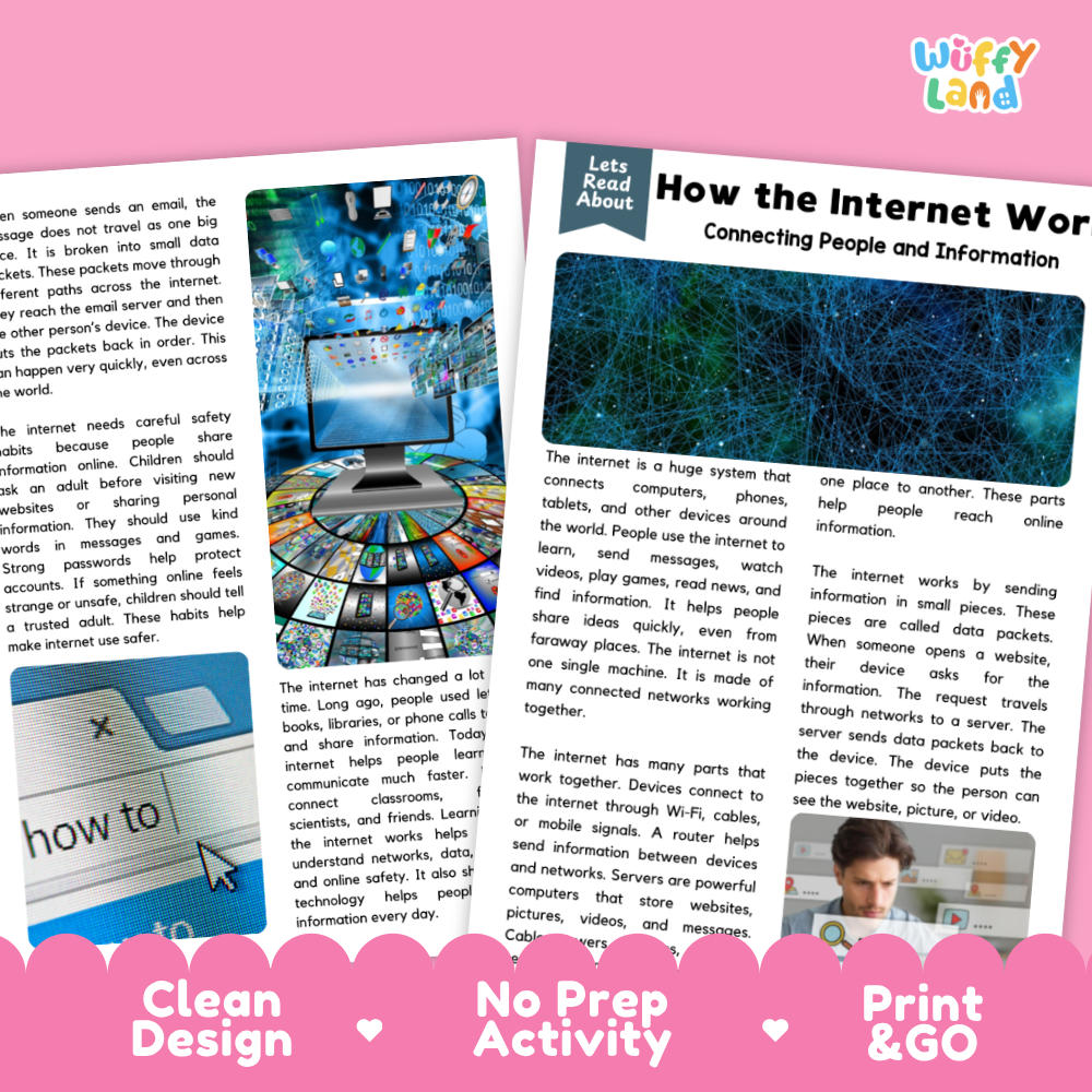 A set of educational reading activity cards about the internet, shown as a collage on a white background with decorative text overlays. The cards feature a clean, colorful design with illustrations of a globe and network nodes.