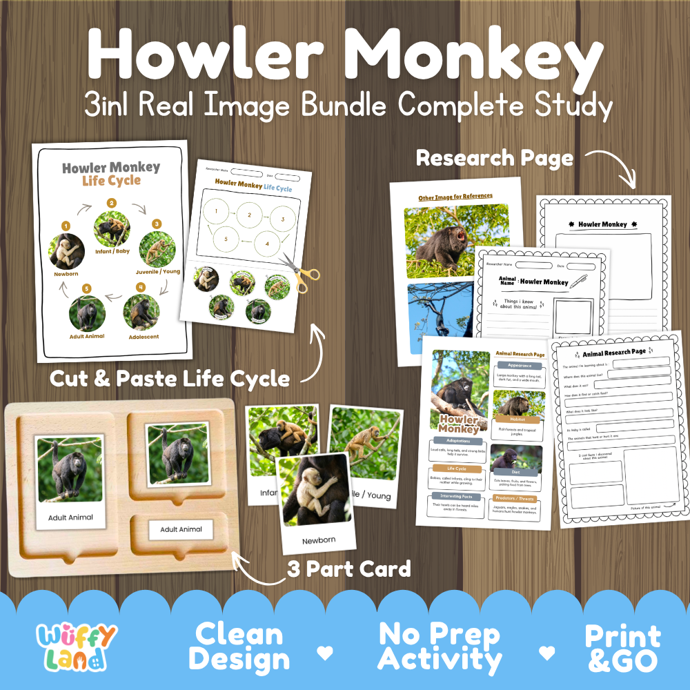 Howler Monkey 3-in-1 real image bundle complete study cover showing cut and paste life cycle, 3 part cards, and research pages[