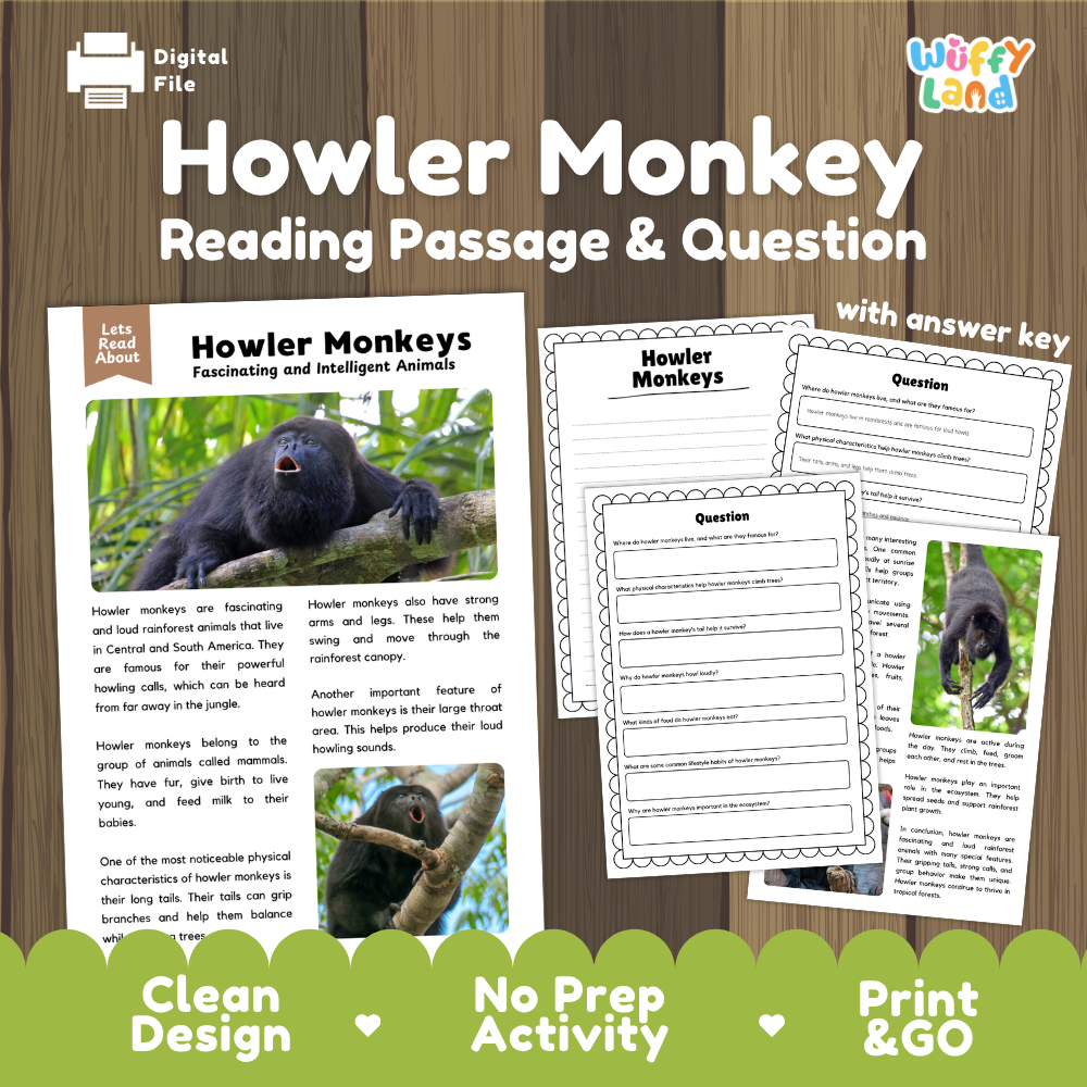 Howler Monkeys Reading Passage and Comprehension Questions Worksheets with Answer Key
