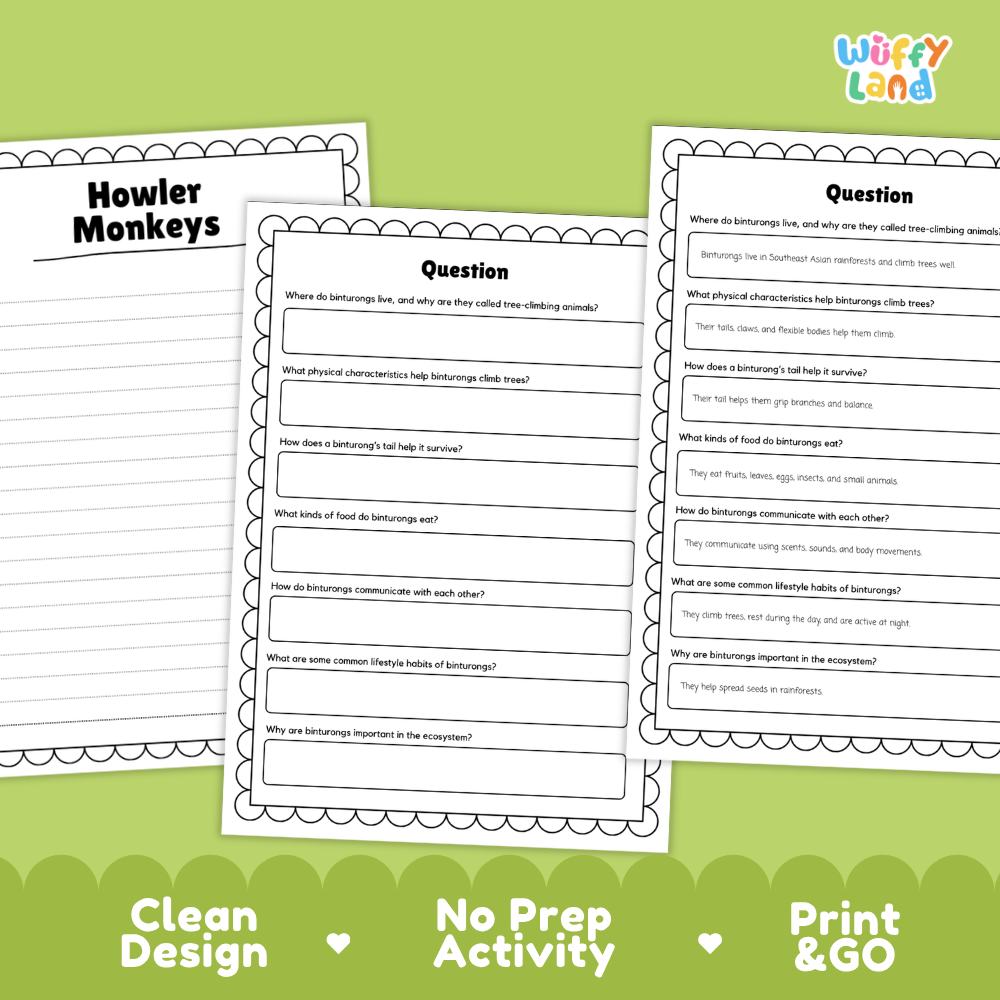 Howler Monkeys Reading Passage and Comprehension Questions Worksheets with Answer Key