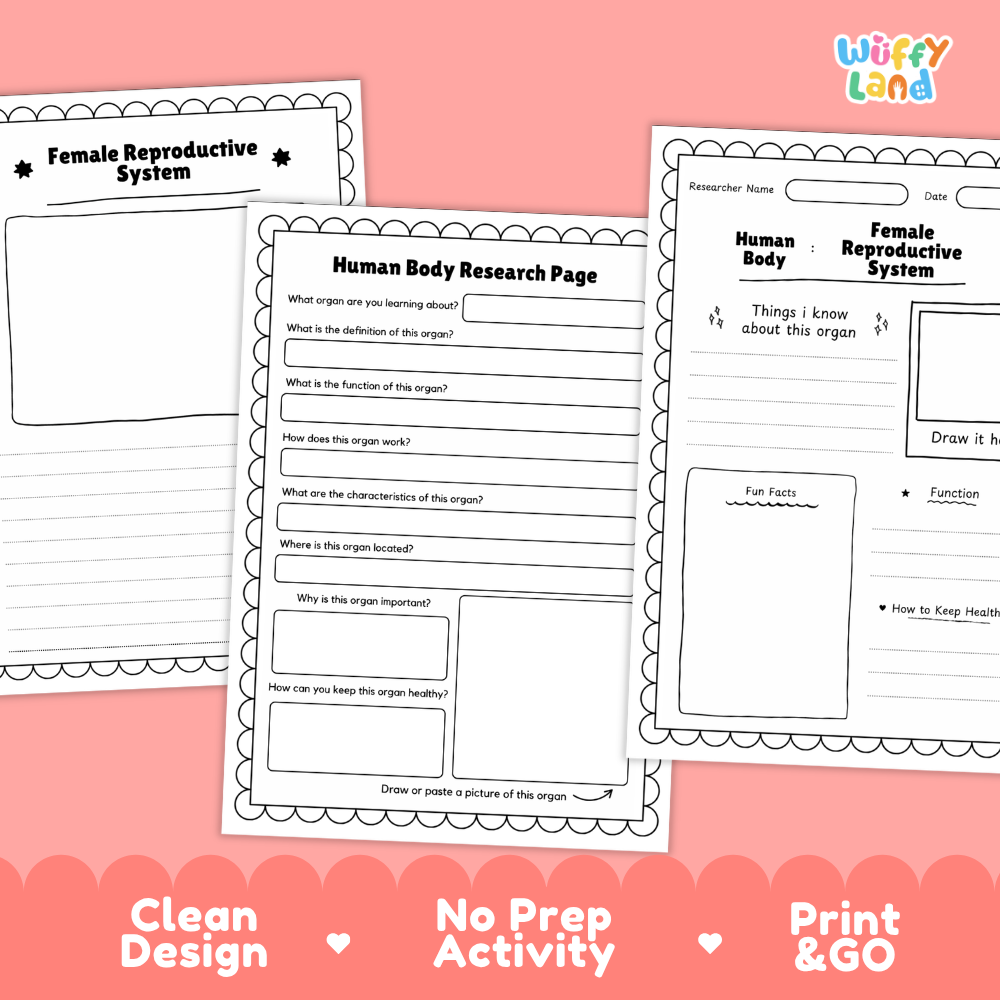 Printable research pages featuring structured writing prompts for system functions, location, and characteristics