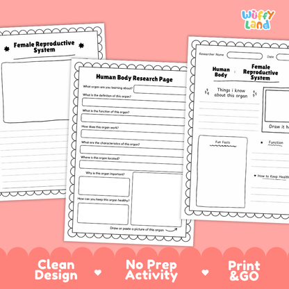 Printable research pages featuring structured writing prompts for system functions, location, and characteristics