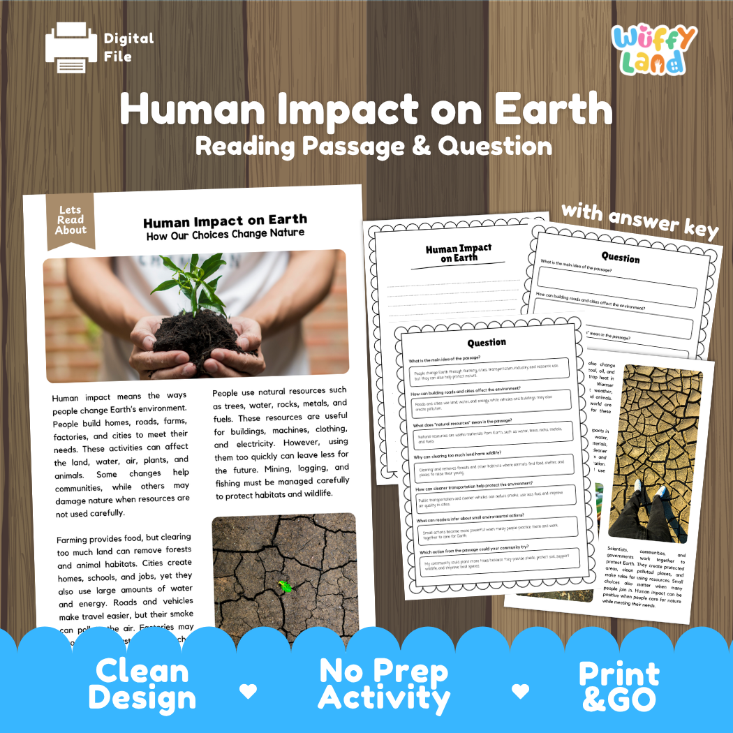 Human Impact on Earth reading comprehension passage and questions printable activity pack with answer key for elementary students