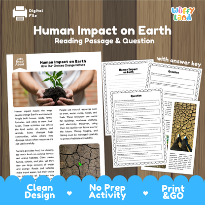Human Impact on Earth reading comprehension passage and questions printable activity pack with answer key for elementary students