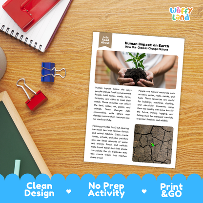 Student reading comprehension worksheet with short-answer questions and lined sections about human impact on Earth