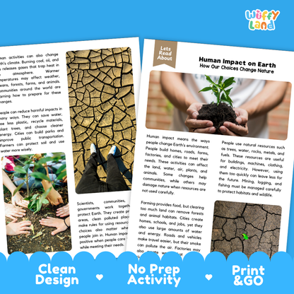 Teacher answer key page showing complete question solutions for Human Impact on Earth environmental science and human geography reading comprehension practice