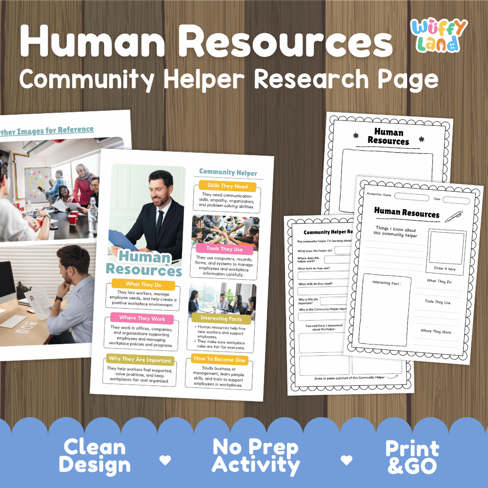 Human resources community helper research page writing worksheets pack featuring real photos and student activity pages for elementary social studies and life skills