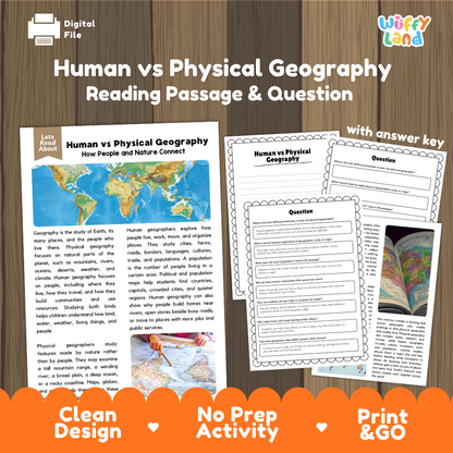 Human vs Physical Geography reading comprehension passage and questions printable activity pack with answer key for elementary students