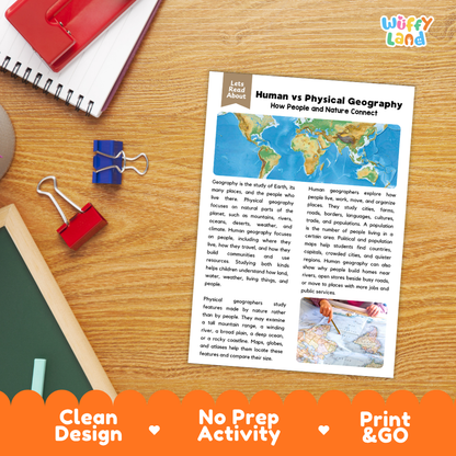 Student reading comprehension worksheet with short-answer questions and lined sections about human and physical geography