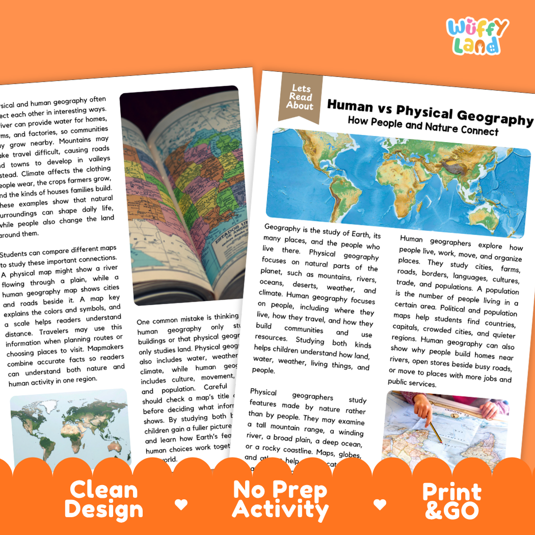 Teacher answer key page showing complete question solutions for Human vs Physical Geography social studies reading comprehension practice