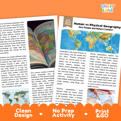 Teacher answer key page showing complete question solutions for Human vs Physical Geography social studies reading comprehension practice
