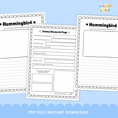 Hummingbird Animal Research Page Worksheets
