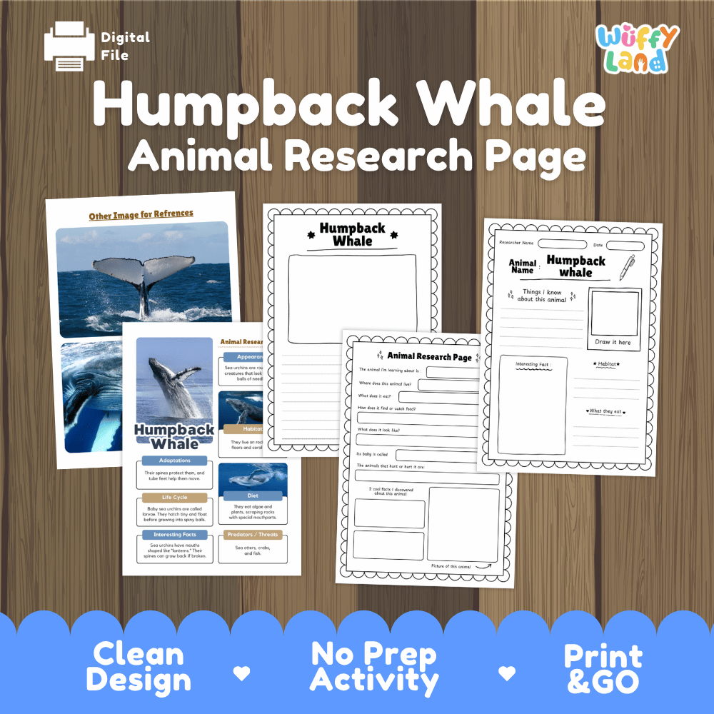 Humpback Whale Animal Research Page printable activity sheet set by Wiffy Land, shown on a wood-grain background with a blue banner at the bottom. The set includes a sample poster and several worksheet pages with fields for animal name, habitat, food, behavior, and a whale tail sketch area.
