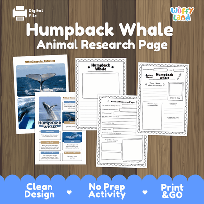 Humpback Whale Animal Research Page printable activity sheet set by Wiffy Land, shown on a wood-grain background with a blue banner at the bottom. The set includes a sample poster and several worksheet pages with fields for animal name, habitat, food, behavior, and a whale tail sketch area.