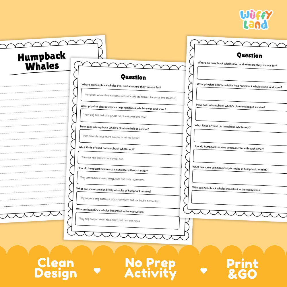 Humpback Whale Reading Passage and Comprehension Questions with Answer Key Worksheets