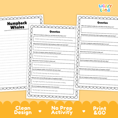 Humpback Whale Reading Passage and Comprehension Questions with Answer Key Worksheets