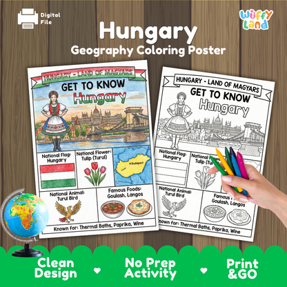Get to know Hungary coloring poster paired with photo flashcards of Hungarian Parliament Building, Chain Bridge, Goulash, and St. Stephen's Basilica